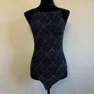 NWT divided top women small sheer glittery tank top bodysuit one piece black